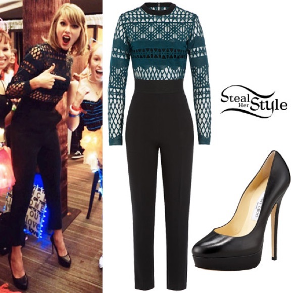 Self-Portrait Pants - Self-Portrait Taylor Swift Lattice Lace Mock Neck Long Sleeve Jumpsuit